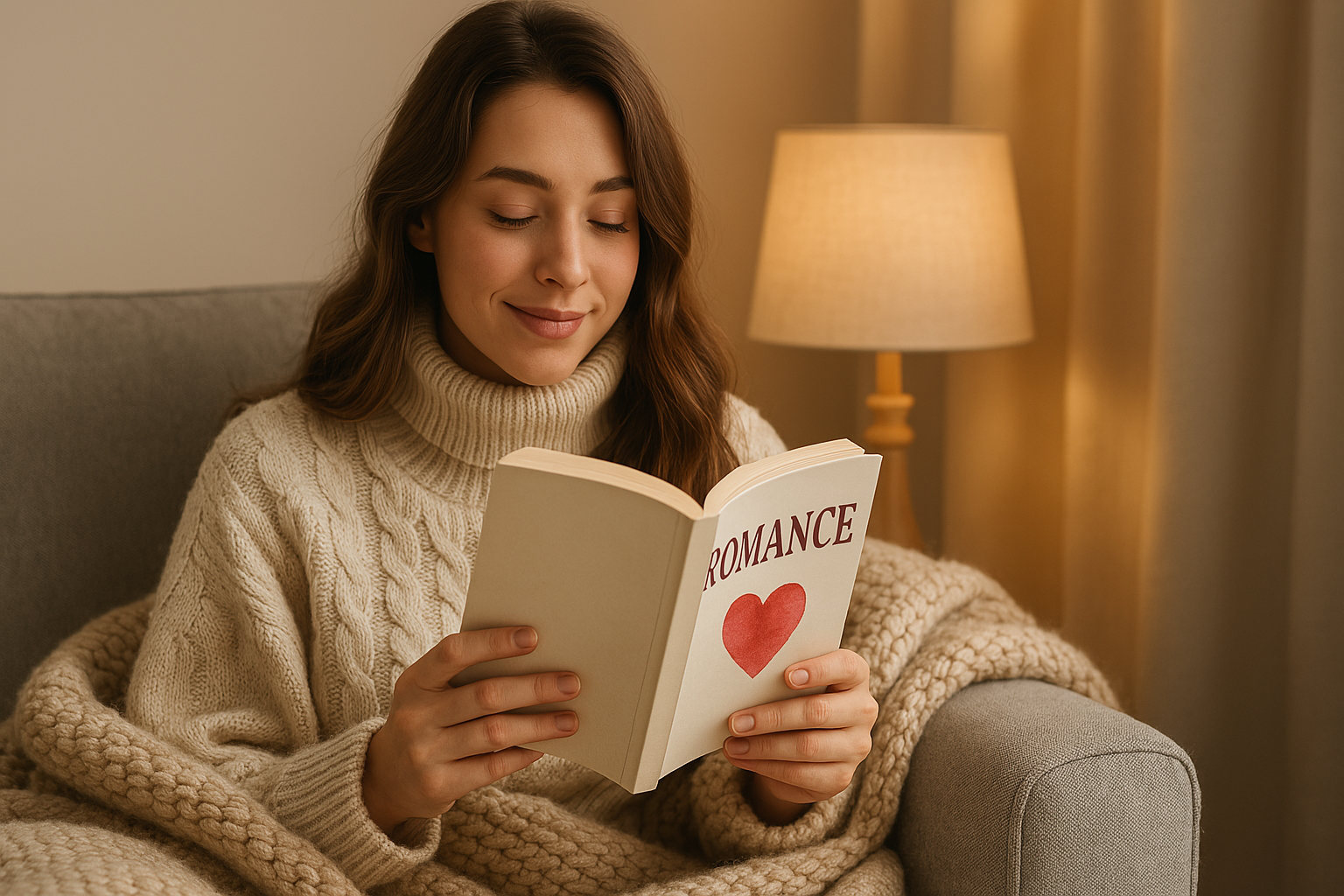 Jeune femme en mode cocooning, lisant un roman d’amour dans un fauteuil moelleux. Une scène douce et intime illustrant le pouvoir réconfortant de la lecture romantique.