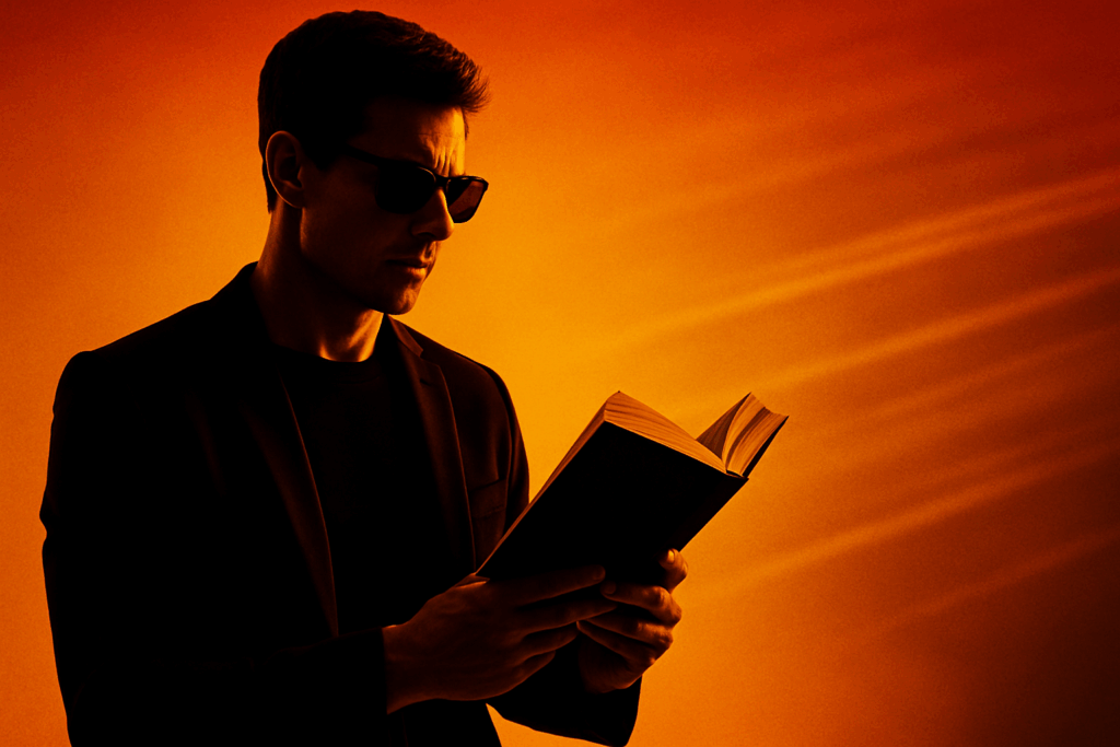 Silhouette d’un homme en costume, de dos, marchant avec assurance dans une lumière cinématographique, inspirée des films d’action. Une ambiance évoquant la maîtrise, la tension, et le trope du Compétence Crush en romance.