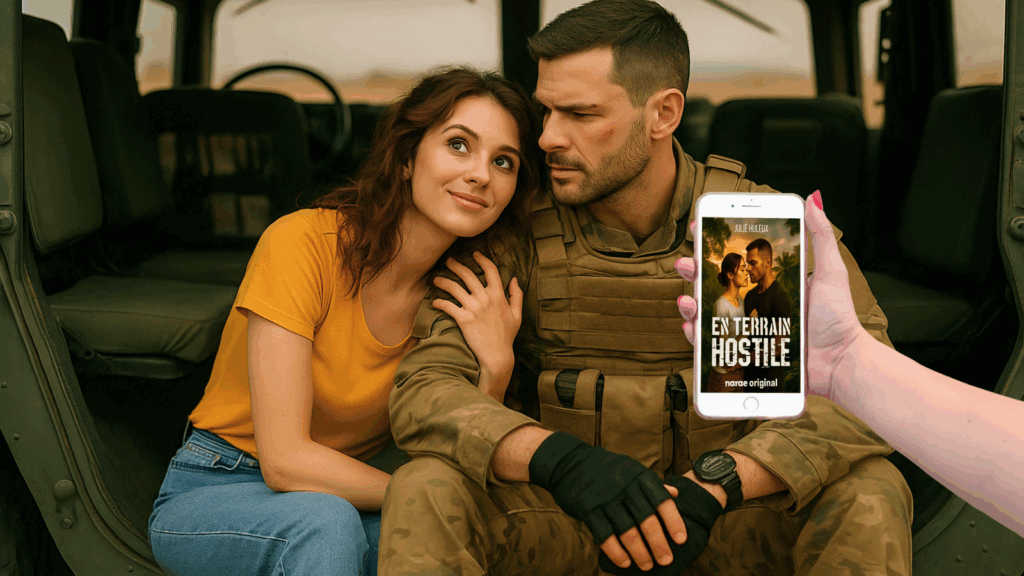 Un soldat en treillis protège une jeune femme souriante, avec un smartphone affichant la couverture du webnovel En terrain hostile de Julie Huleux, publié sur Narae.