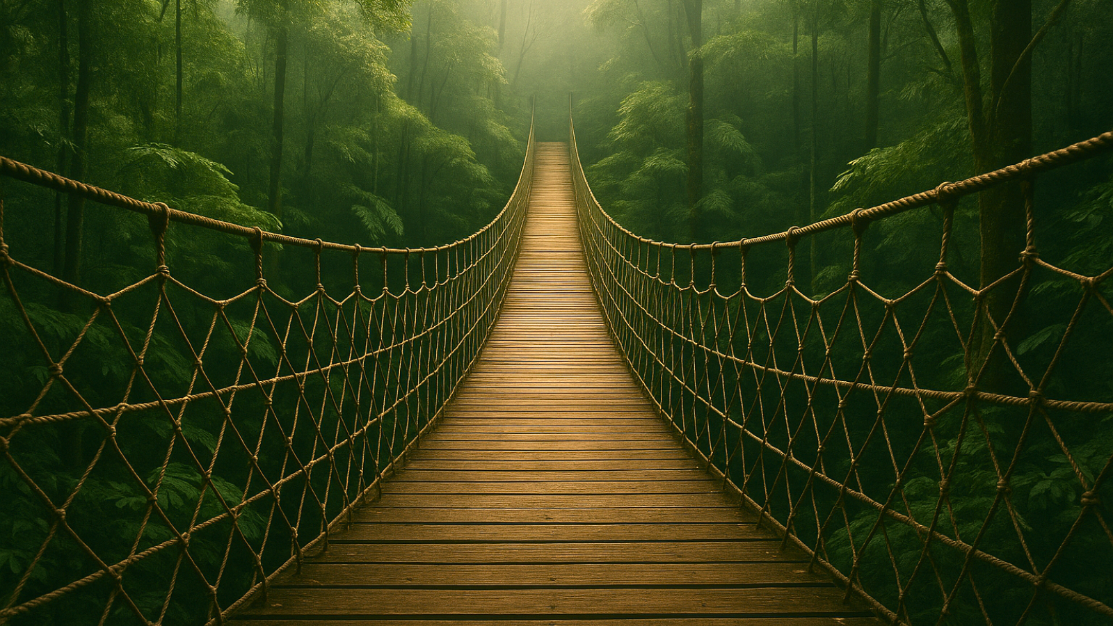 Pont suspendu dans la forêt brumeuse