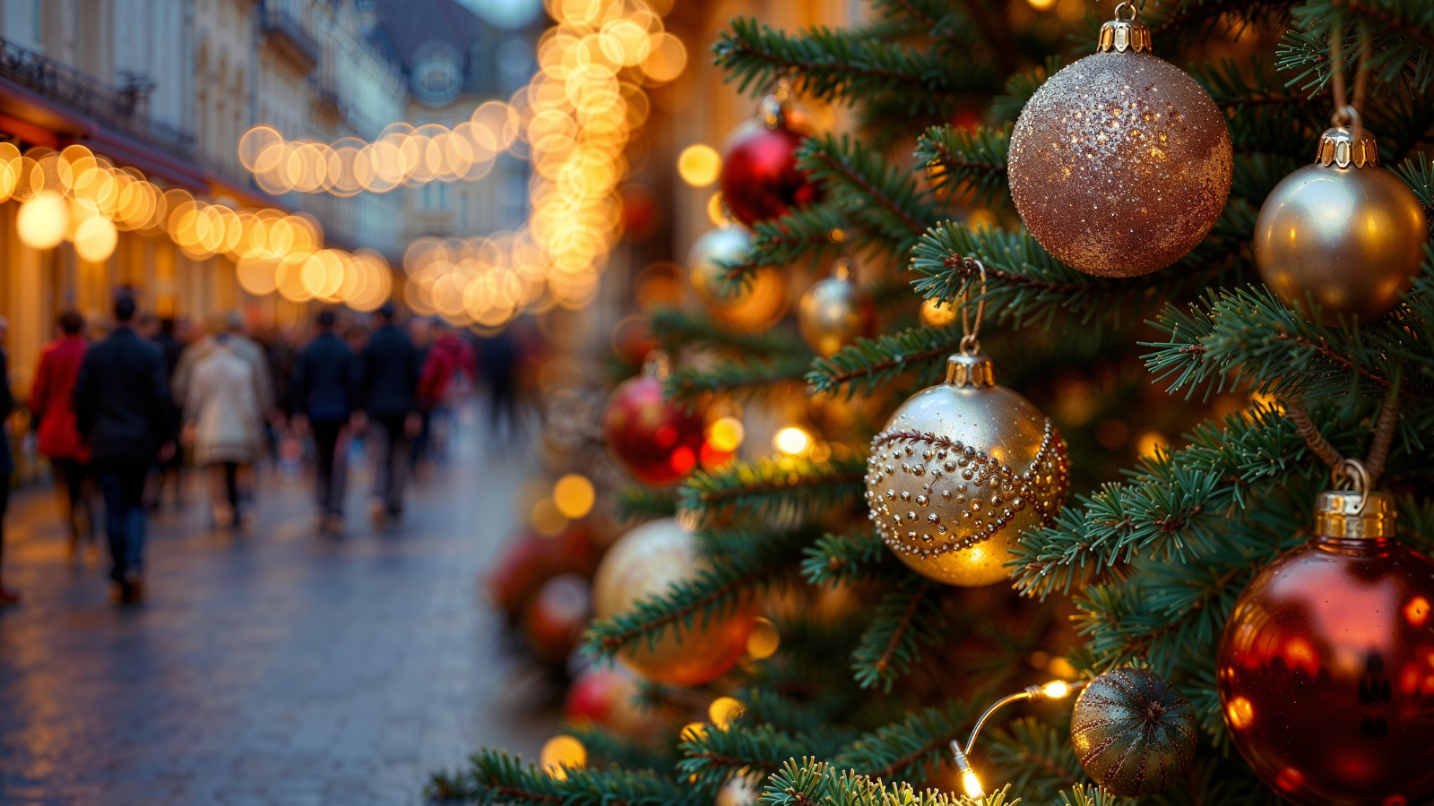 Sapin décoré de boules de Noël avec une rue illuminée et animée en arrière-plan, dans une ambiance chaleureuse de fin d’année.