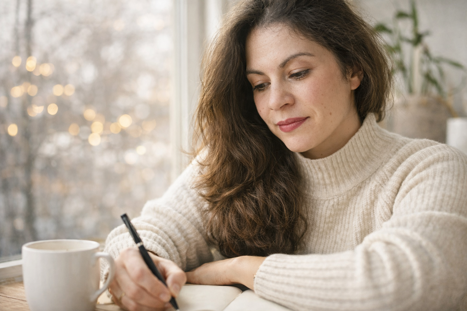 Autrice de romance écrivant dans un carnet, baignée de lumière naturelle, symbole de création, d’émotions et d’amour pour 2026