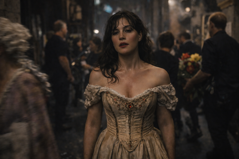 Olympe, héroïne de Loys, debout après une représentation, épuisée et seule au milieu de la foule, dans une ambiance nocturne et dramatique.