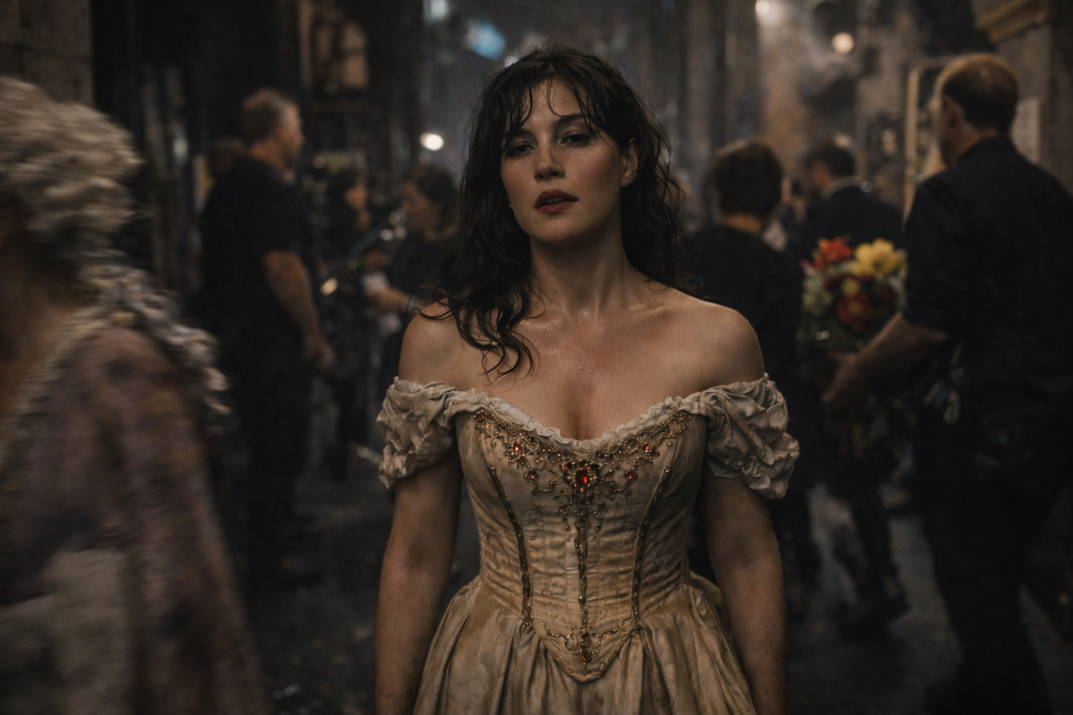 Olympe, héroïne de Loys, debout après une représentation, épuisée et seule au milieu de la foule, dans une ambiance nocturne et dramatique.