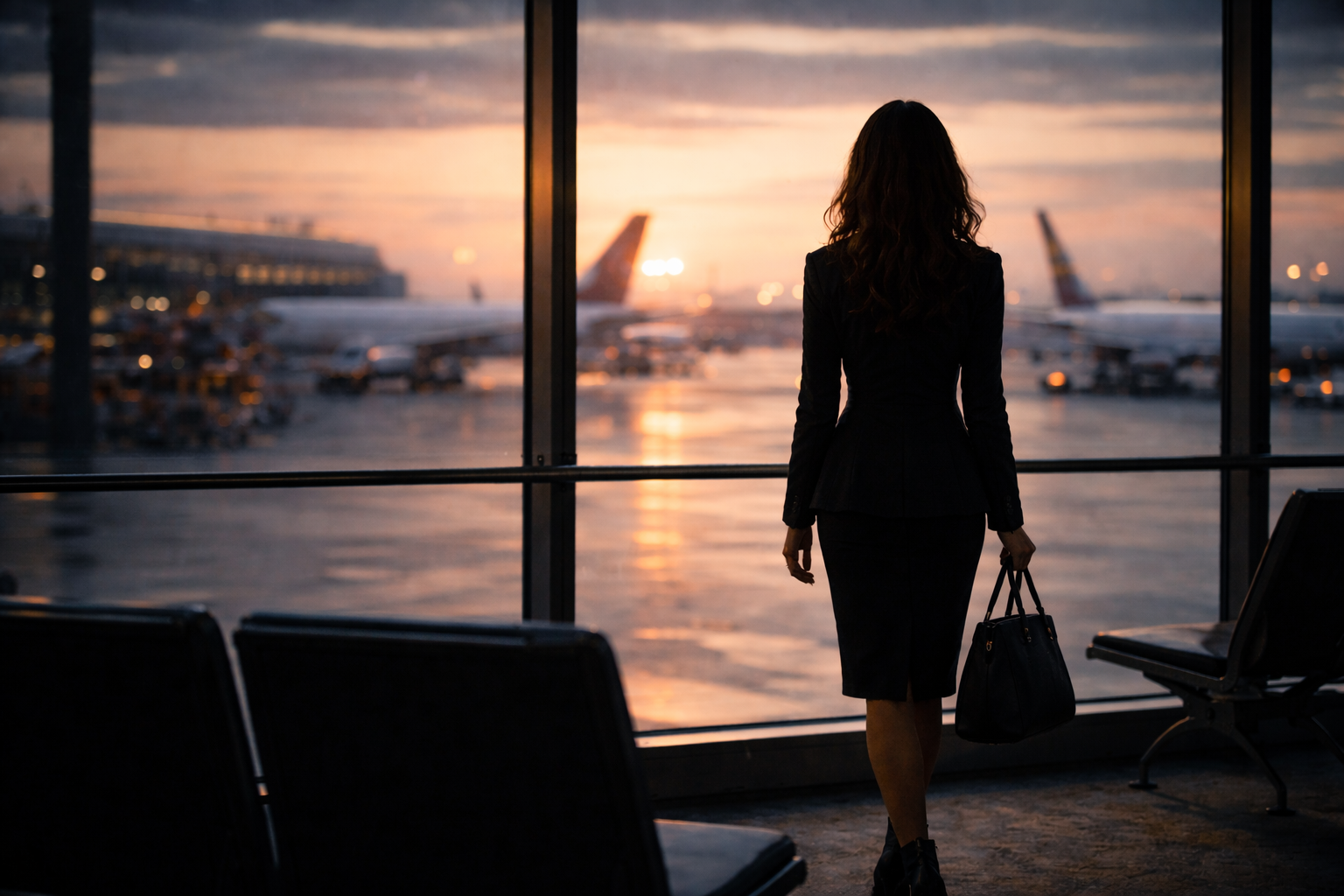Femme élégante de dos dans un aéroport au lever du jour, face aux avions, juste avant un départ décisif.