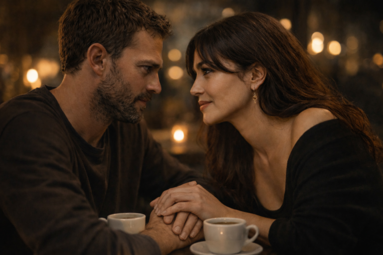 Couple d’une quarantaine d’années se regardant intensément dans un café, mains liées, ambiance chaleureuse et intime, romance seconde chance.